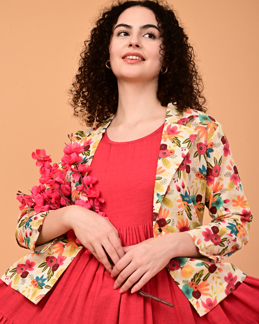 Floral Printed Jacket Layered Midi Dress