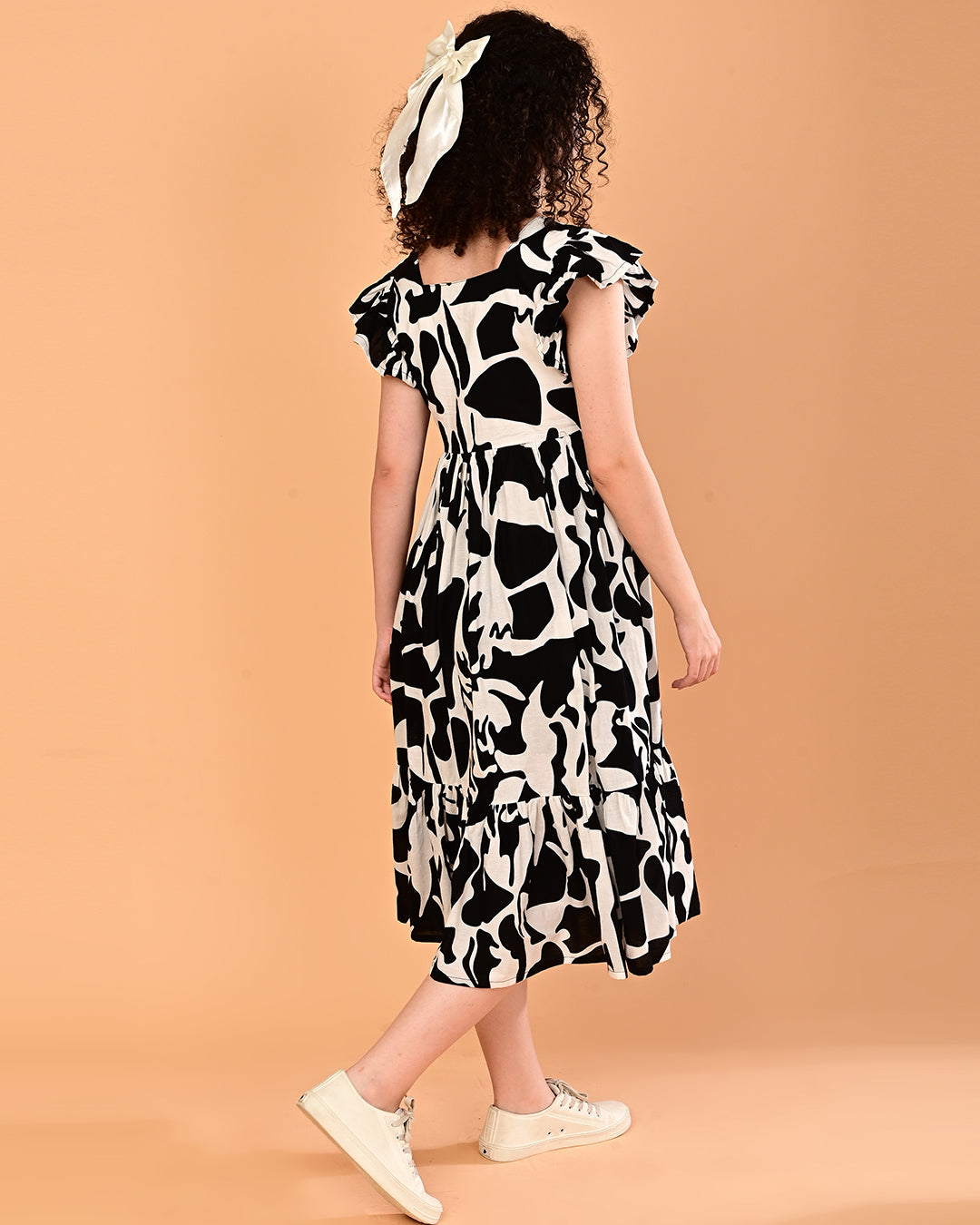 Black & White Printed Tiered Midi Dress