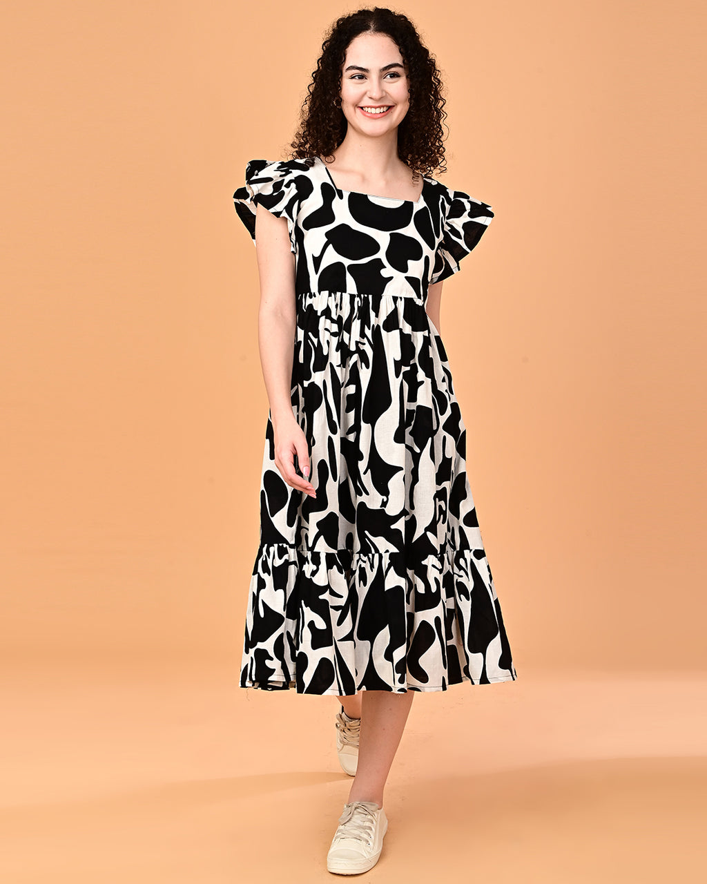 Black & White Printed Tiered Midi Dress