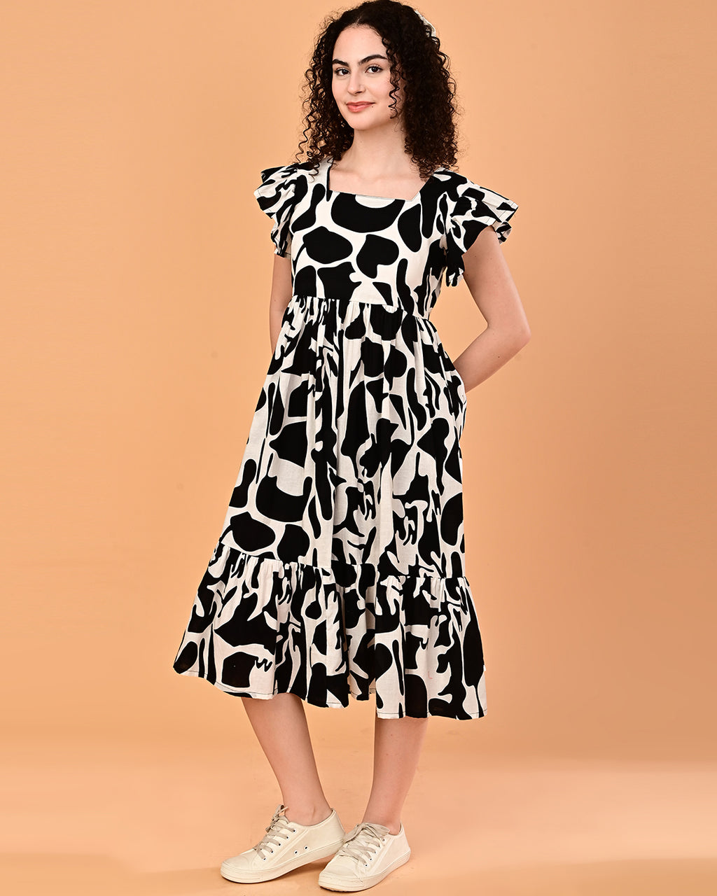 Black & White Printed Tiered Midi Dress