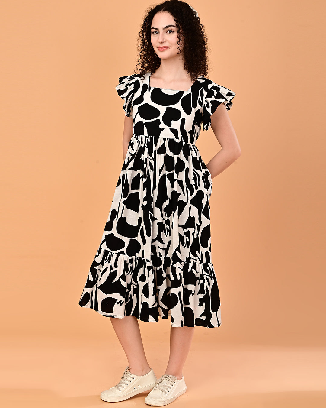 Black & White Printed Tiered Midi Dress