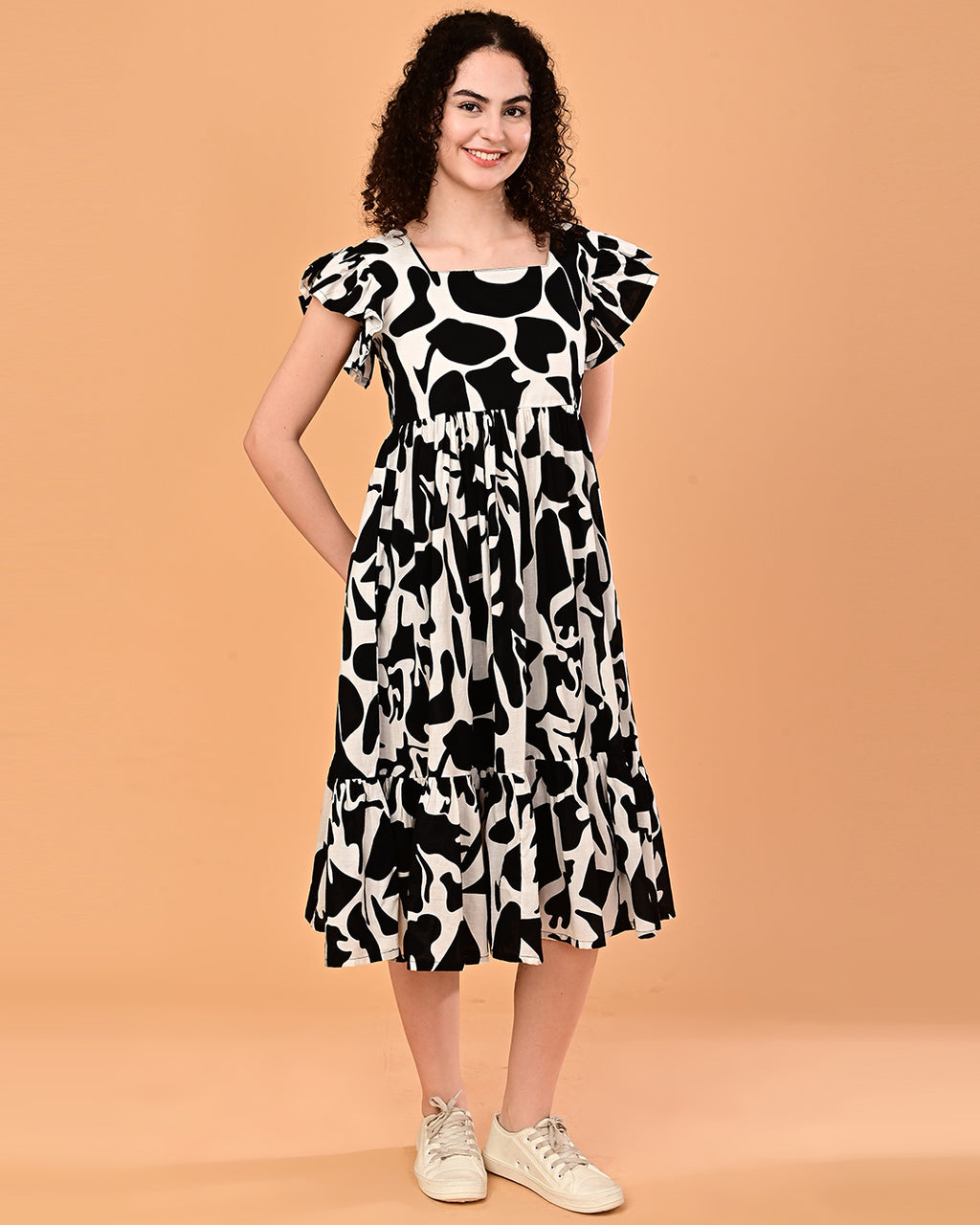 Black & White Printed Tiered Midi Dress