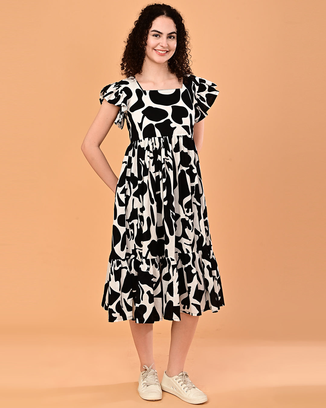 Black & White Printed Tiered Midi Dress