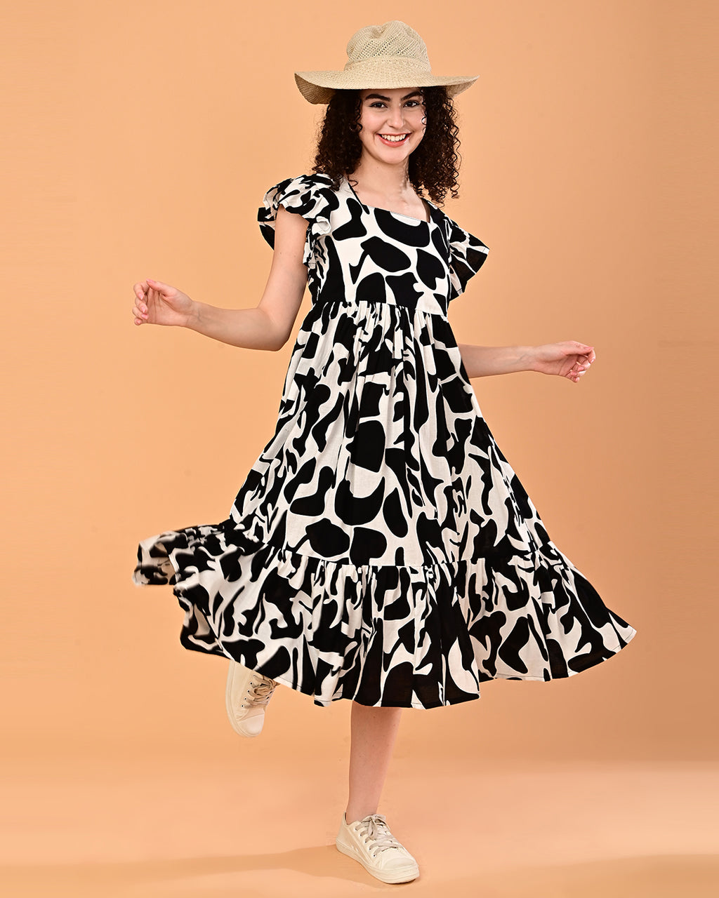 Black & White Printed Tiered Midi Dress