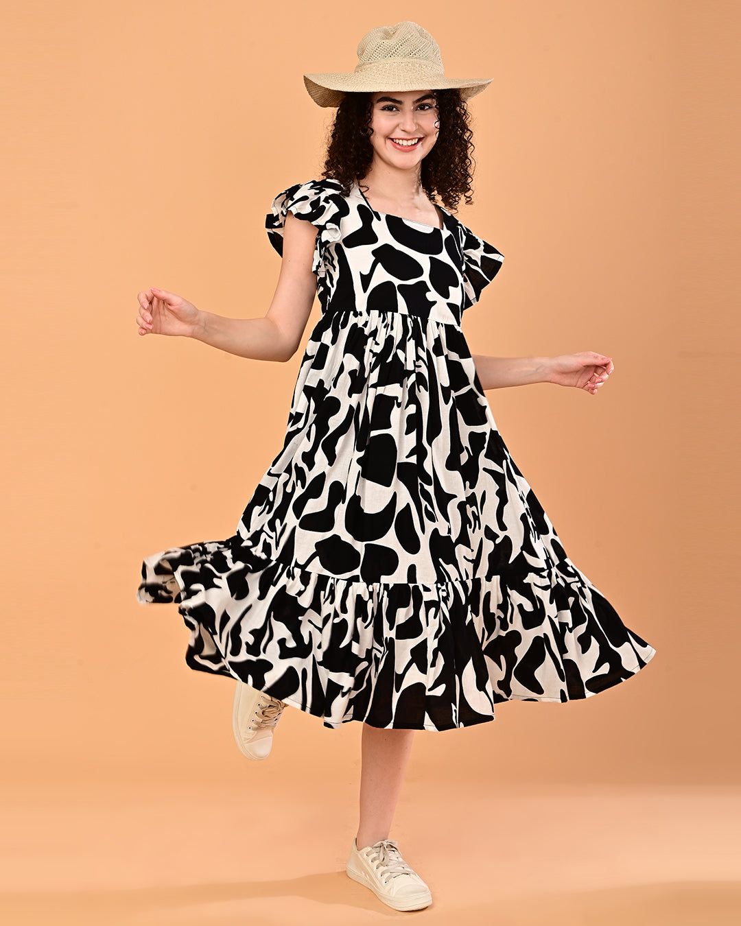 Black & White Printed Tiered Midi Dress