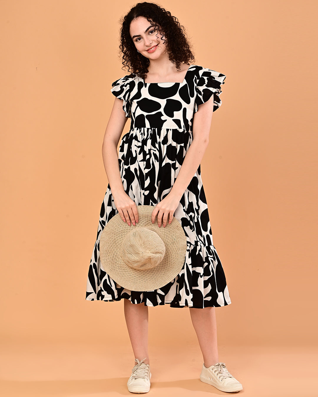 Black & White Printed Tiered Midi Dress