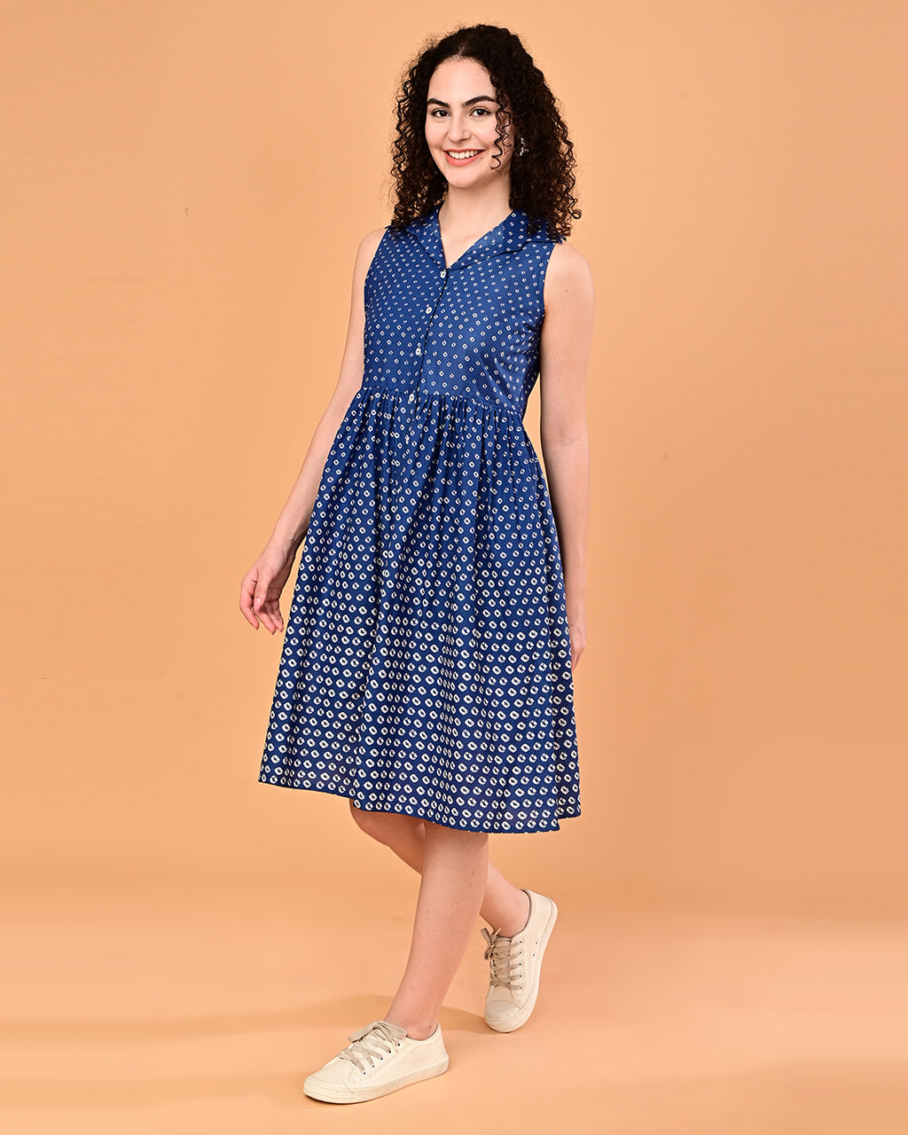 Blue Printed Shirt Style Midi Dress