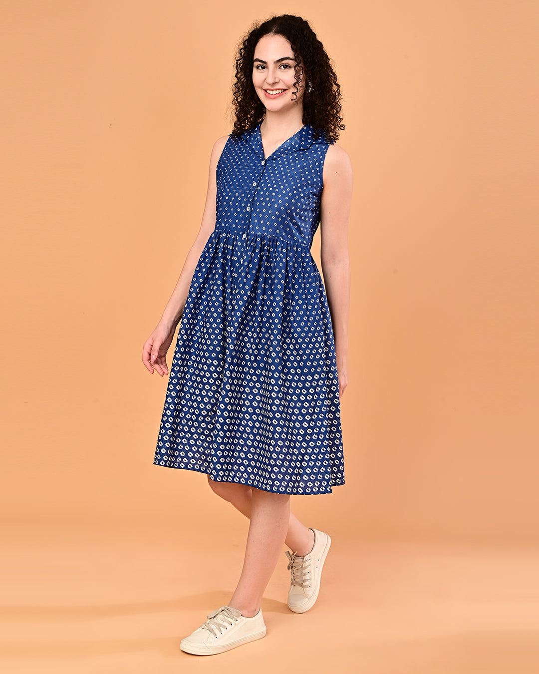 Blue Printed Shirt Style Midi Dress