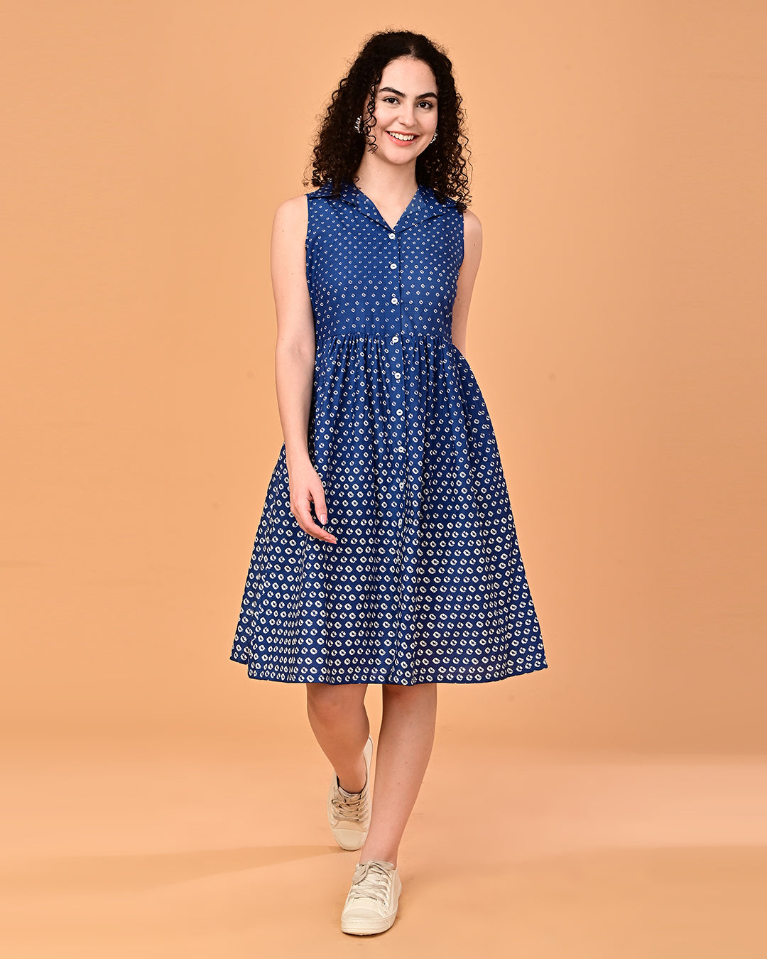 Blue Printed Shirt Style Midi Dress