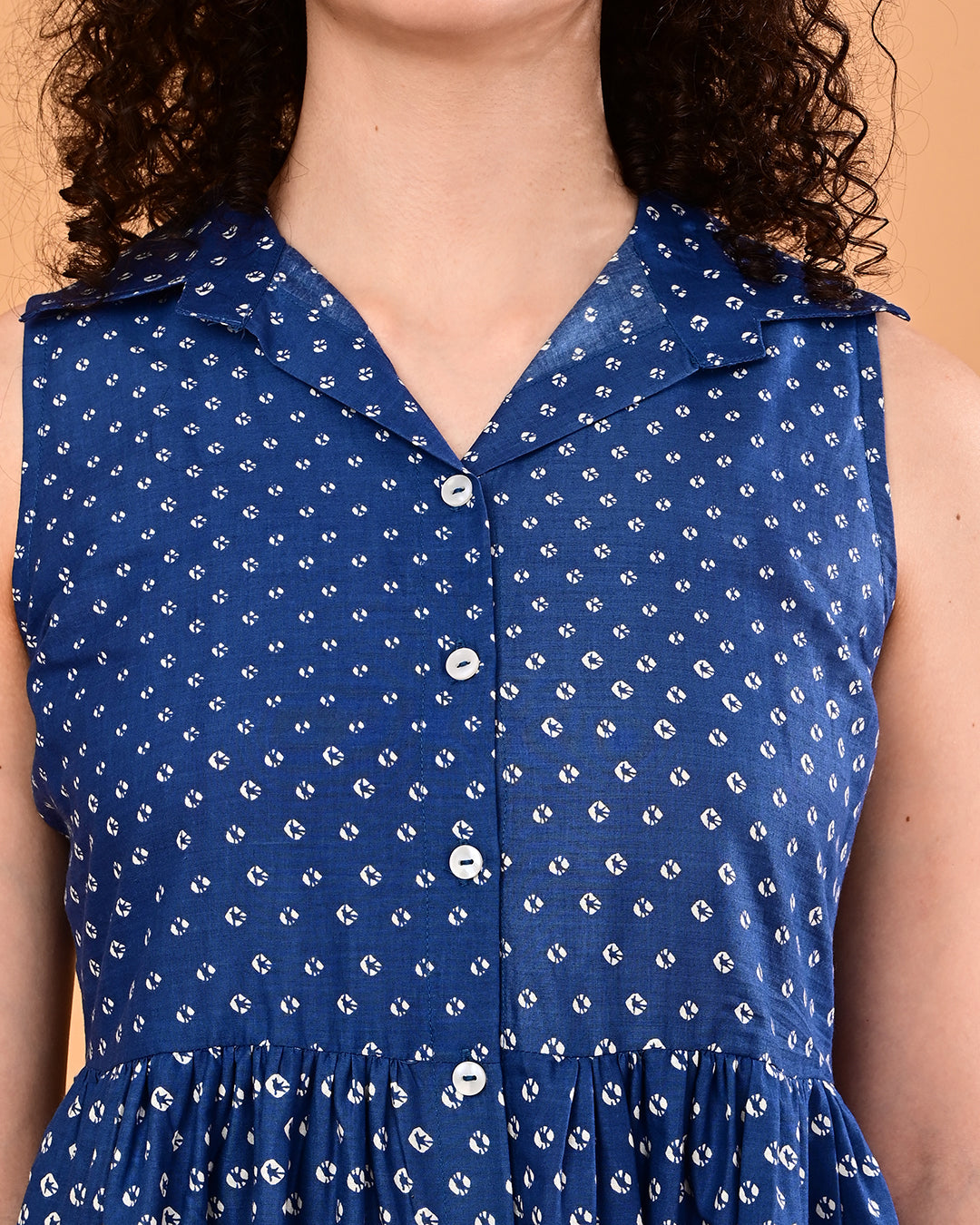 Blue Printed Shirt Style Midi Dress