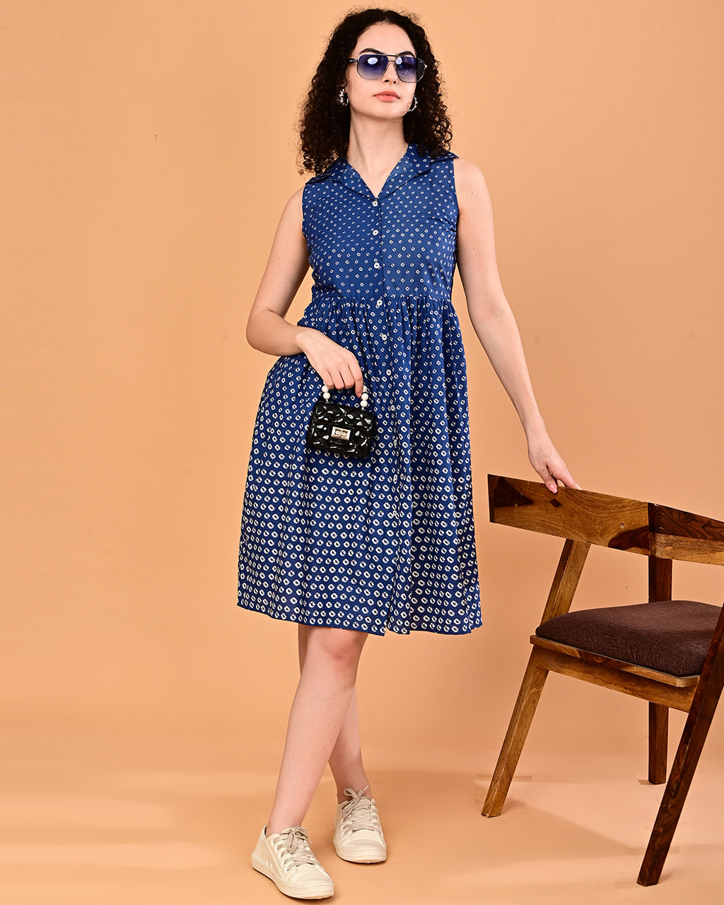 Blue Printed Shirt Style Midi Dress