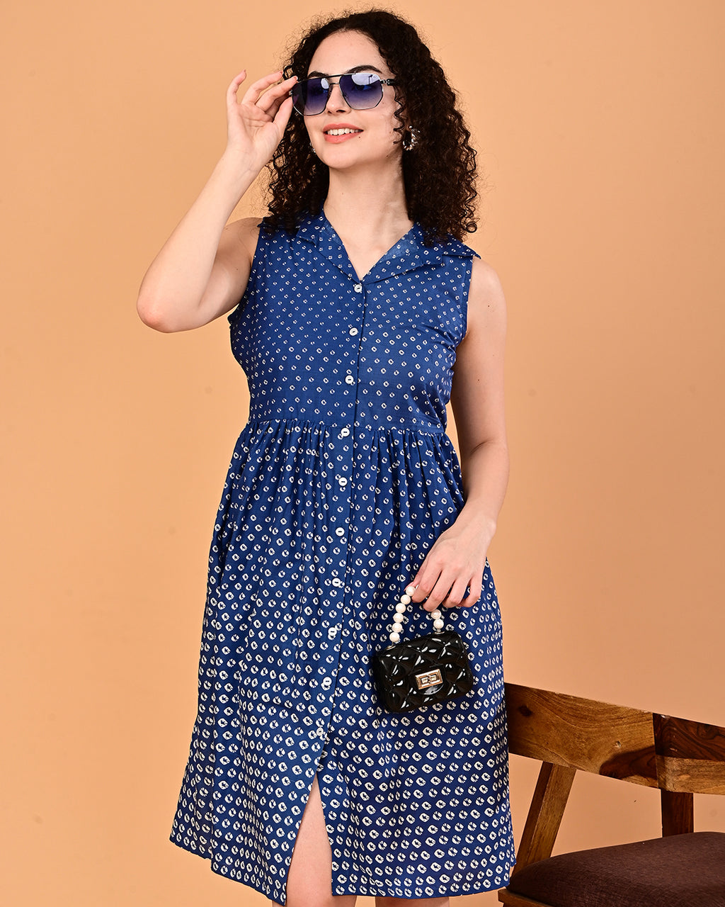 Blue Printed Shirt Style Midi Dress