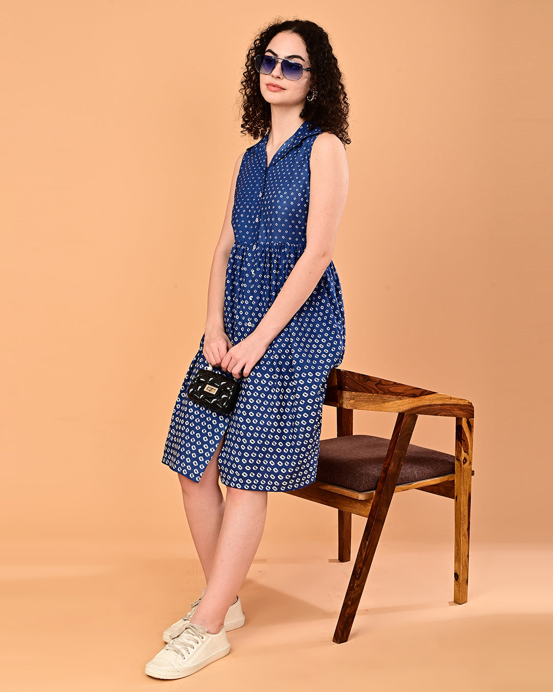 Blue Printed Shirt Style Midi Dress