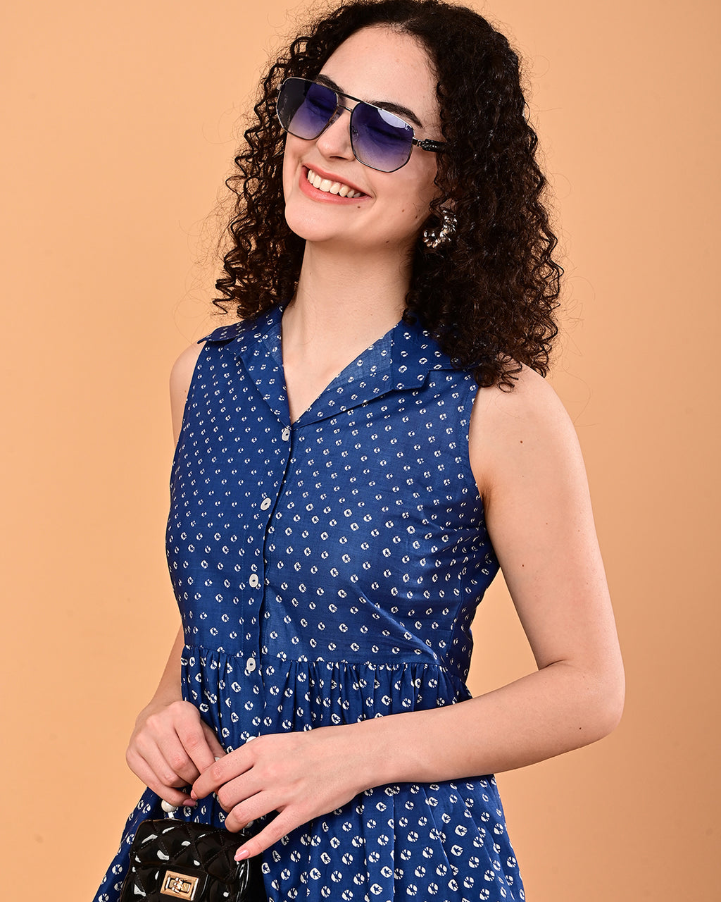 Blue Printed Shirt Style Midi Dress