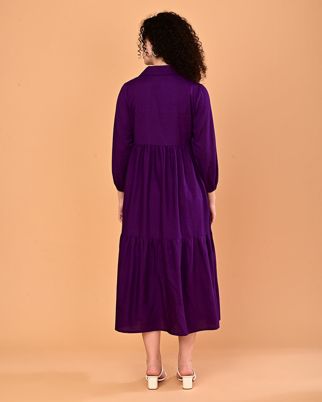 Solid Purple Button-Front Tiered Midi Dress