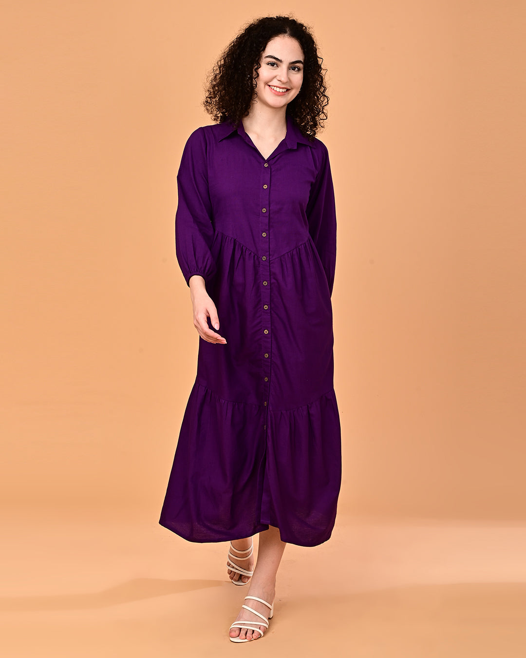 Solid Purple Button-Front Tiered Midi Dress