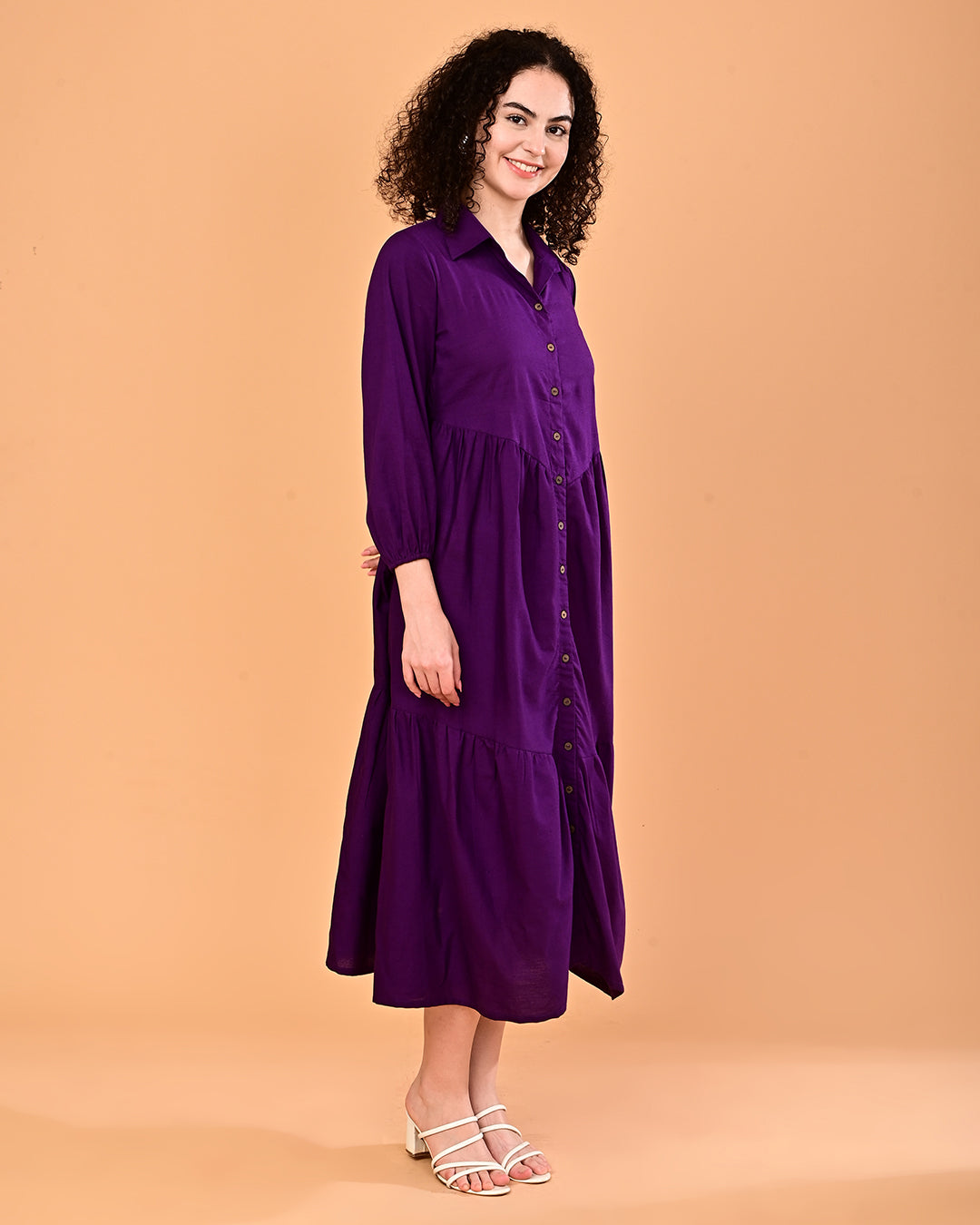 Solid Purple Button-Front Tiered Midi Dress