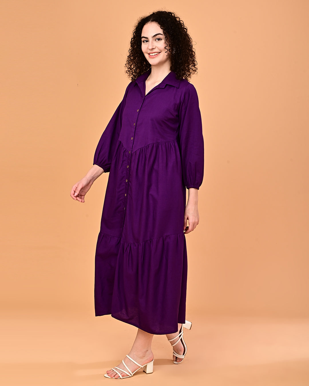 Solid Purple Button-Front Tiered Midi Dress
