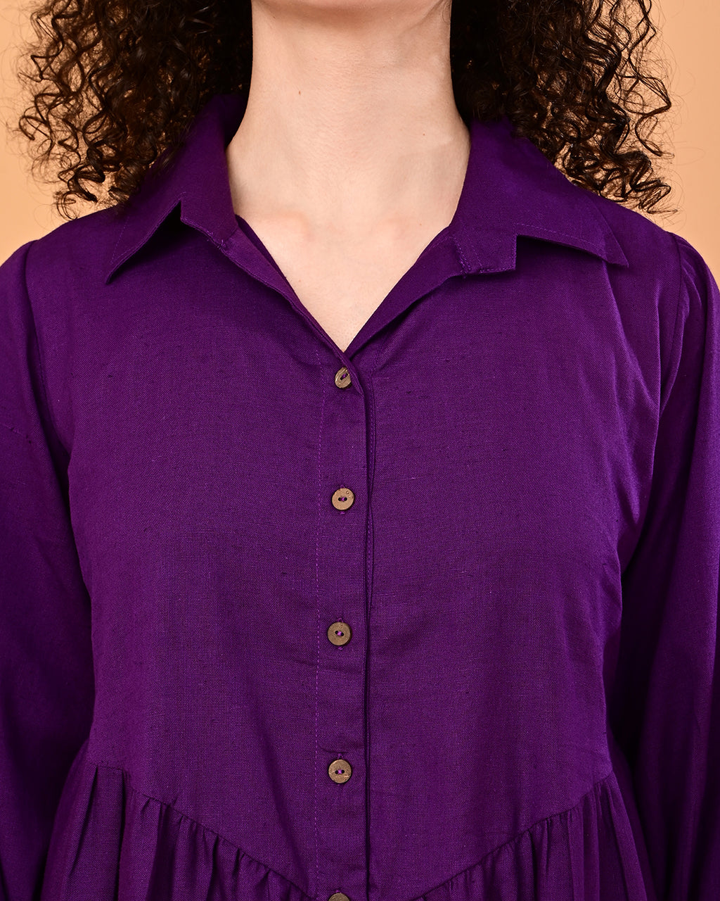 Solid Purple Button-Front Tiered Midi Dress
