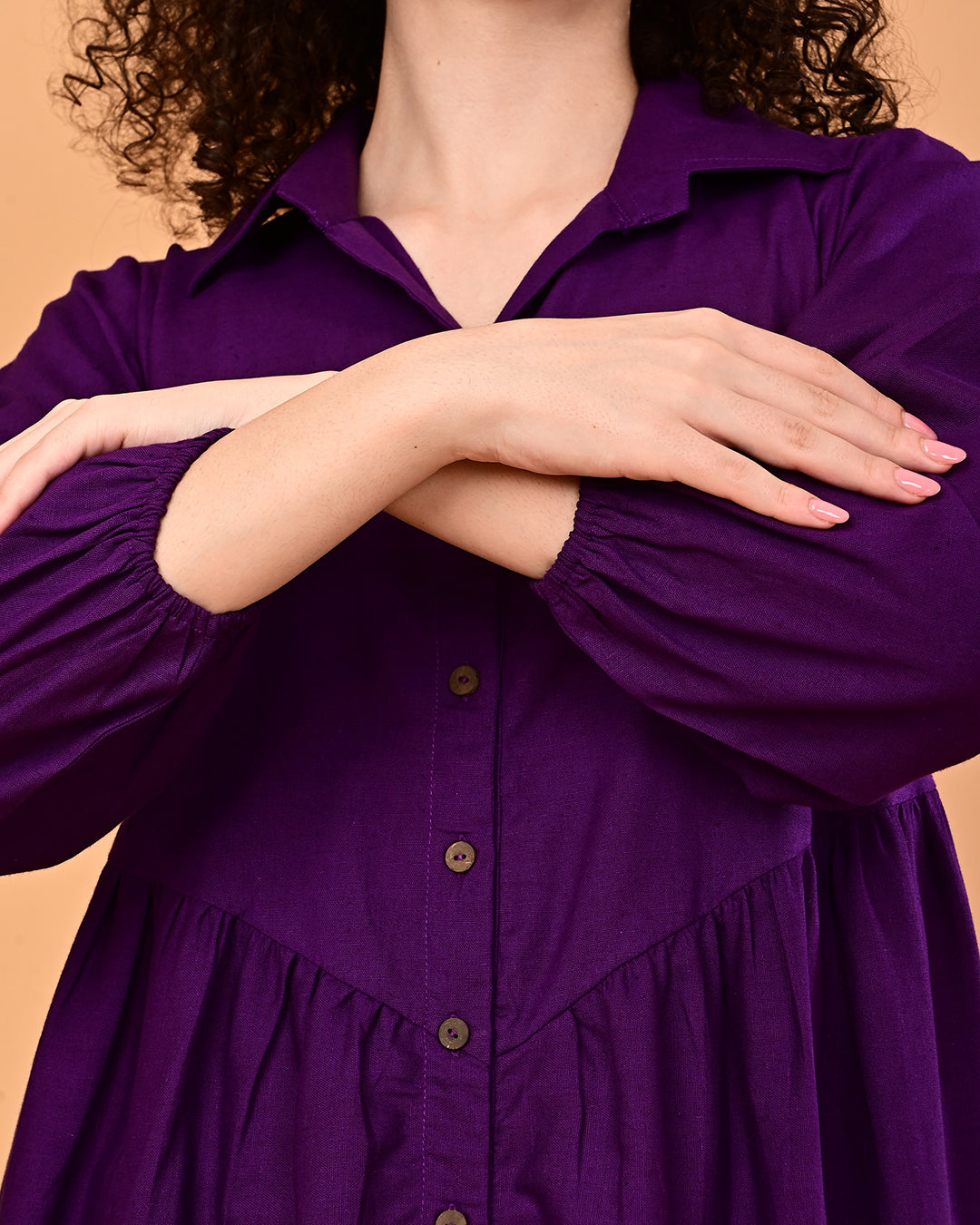 Solid Purple Button-Front Tiered Midi Dress