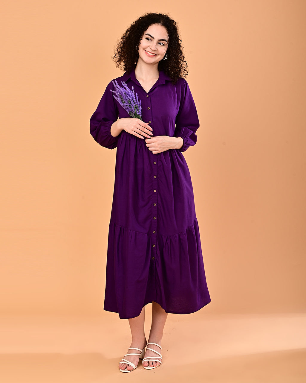 Solid Purple Button-Front Tiered Midi Dress
