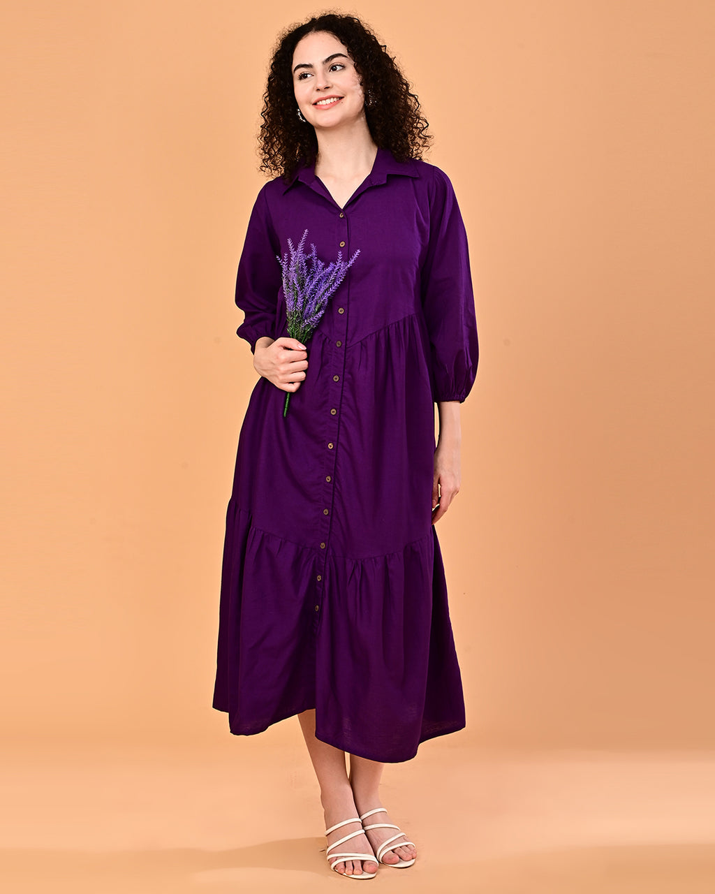 Solid Purple Button-Front Tiered Midi Dress