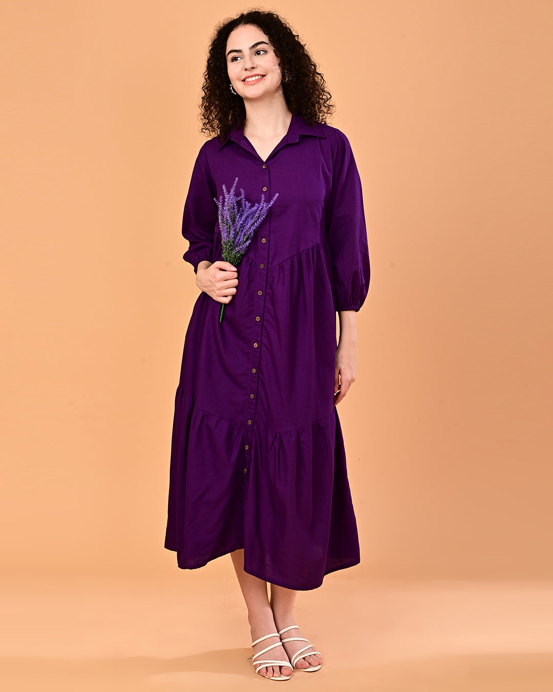 Solid Purple Button-Front Tiered Midi Dress