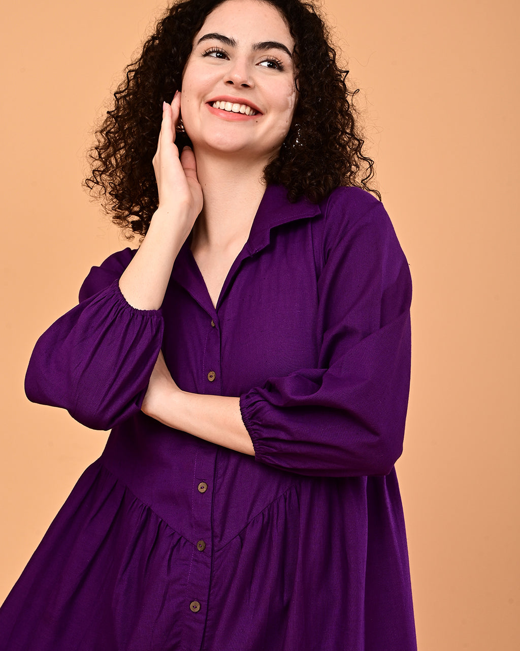 Solid Purple Button-Front Tiered Midi Dress