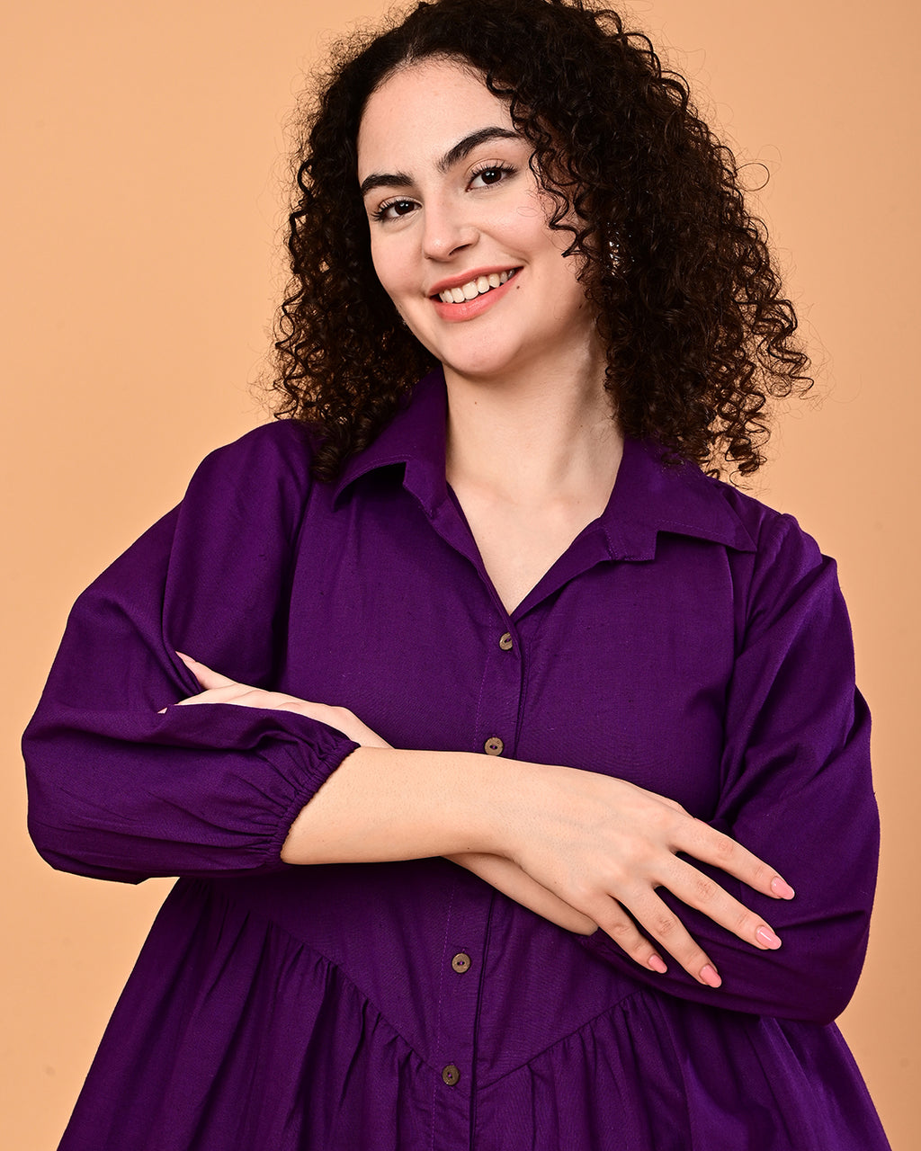 Solid Purple Button-Front Tiered Midi Dress