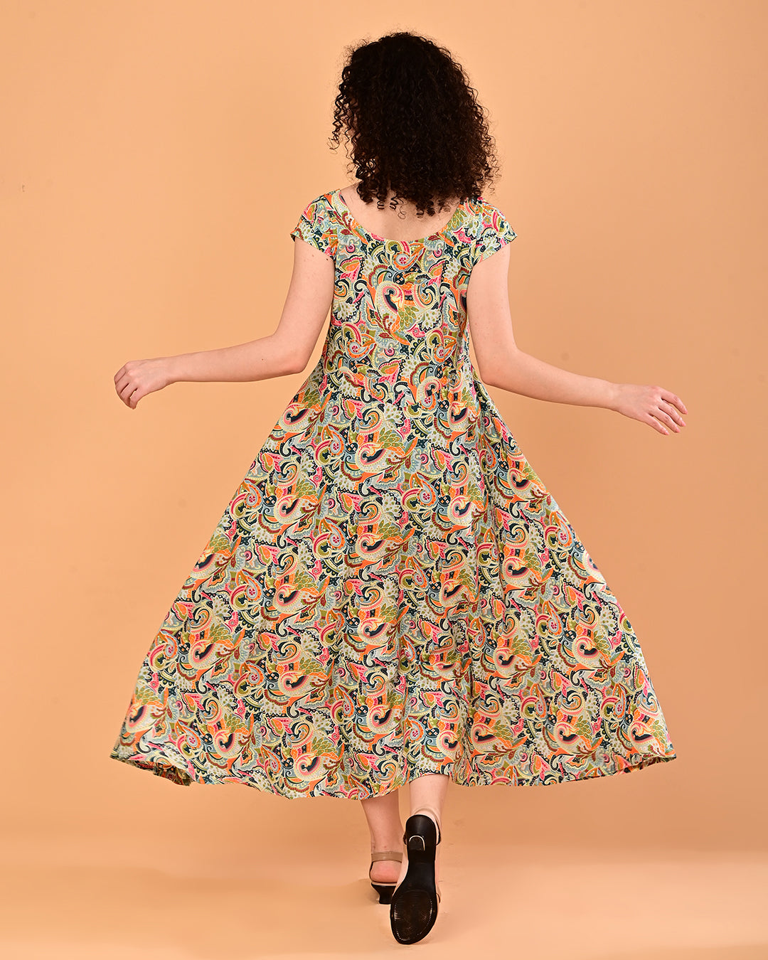 Multicolor Paisley Print Flared Midi Dress