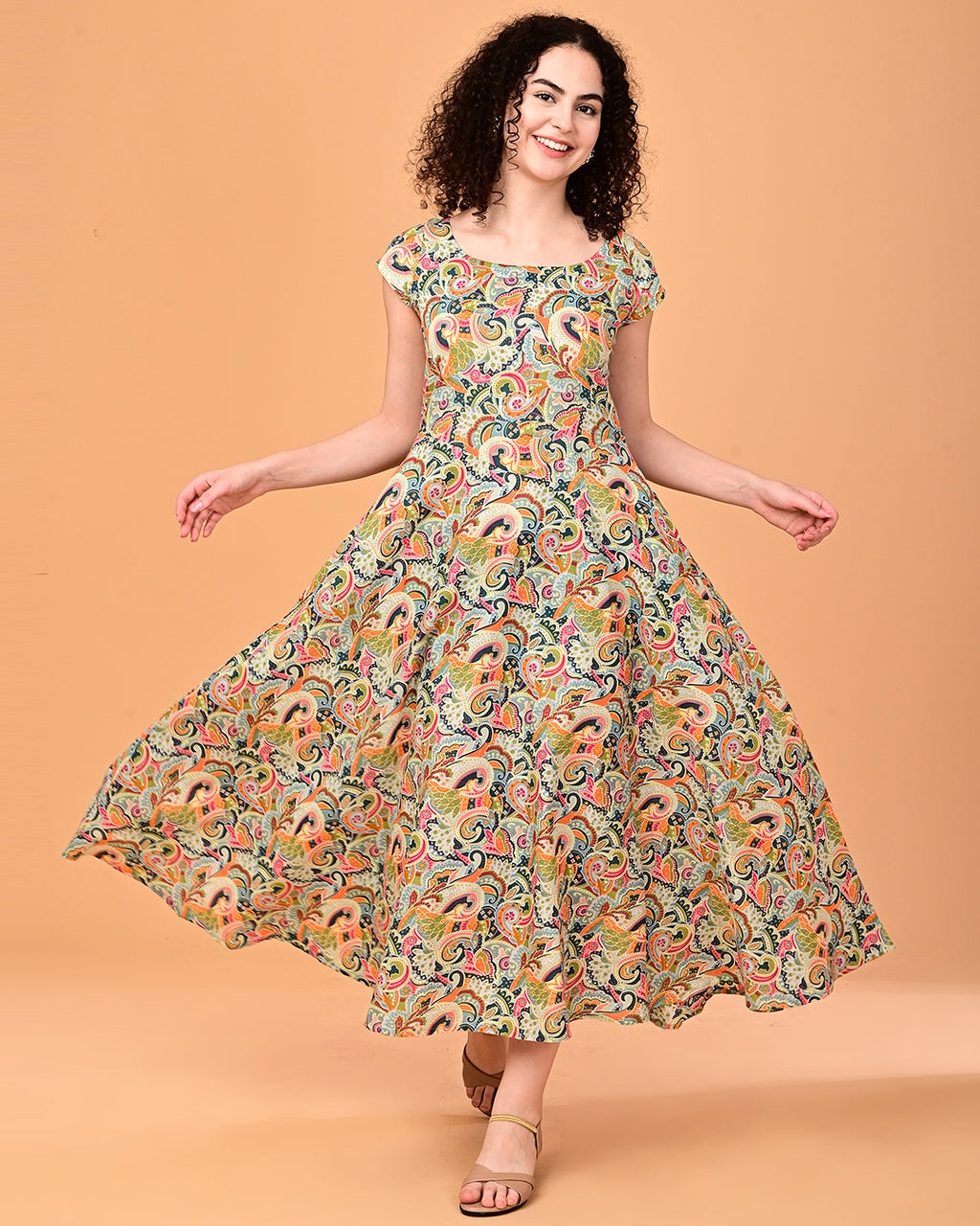 Multicolor Paisley Print Flared Midi Dress