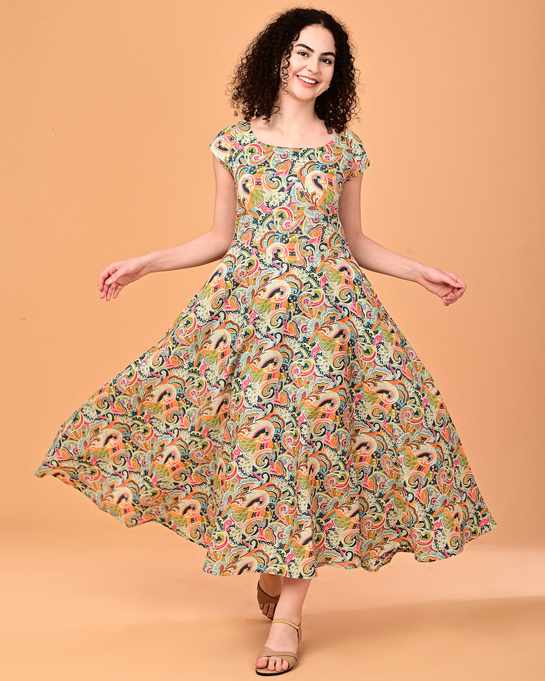 Multicolor Paisley Print Flared Midi Dress