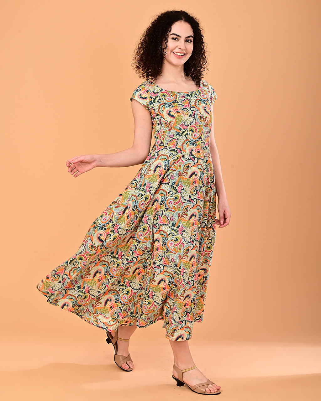 Multicolor Paisley Print Flared Midi Dress