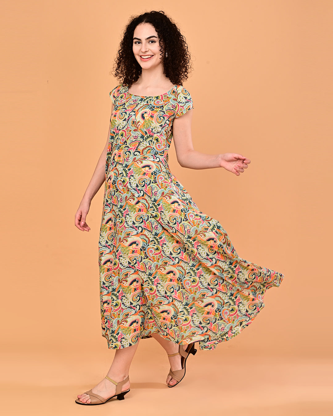 Multicolor Paisley Print Flared Midi Dress