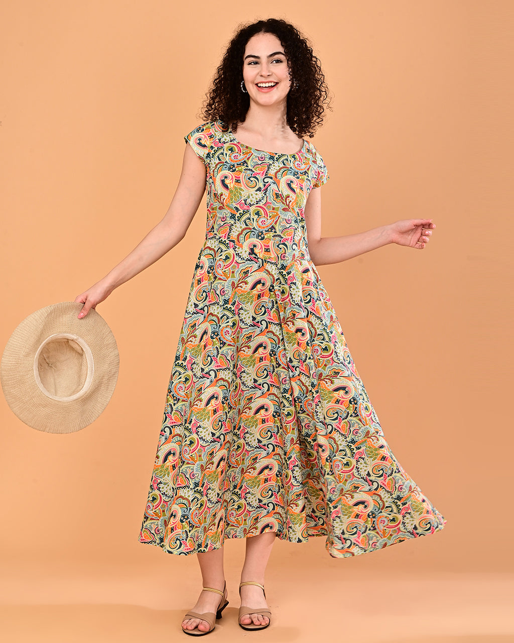Multicolor Paisley Print Flared Midi Dress