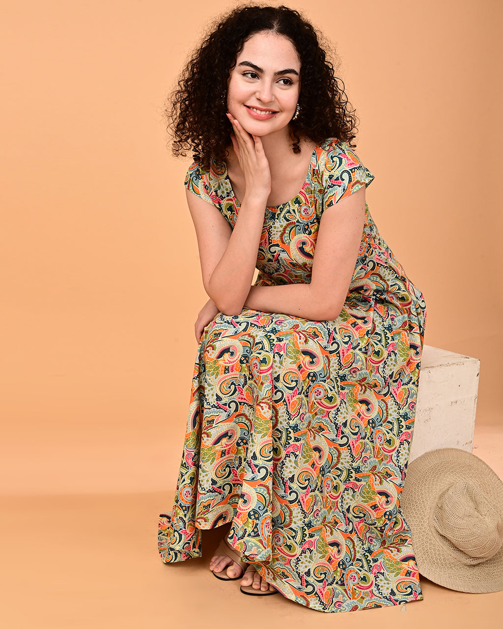Multicolor Paisley Print Flared Midi Dress