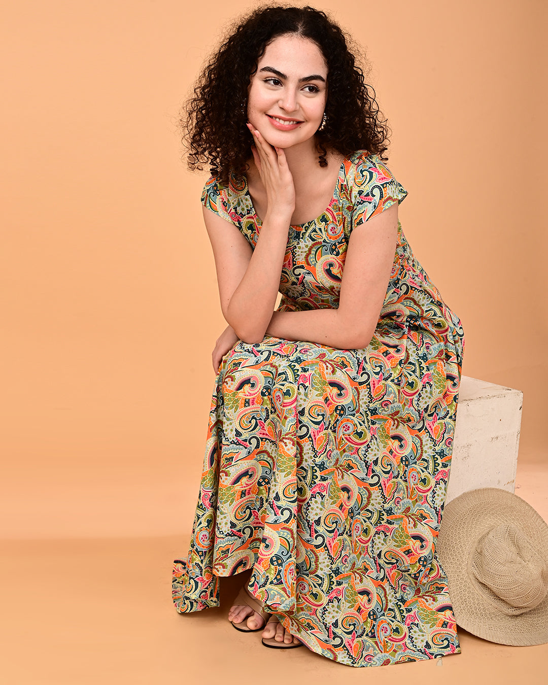 Multicolor Paisley Print Flared Midi Dress
