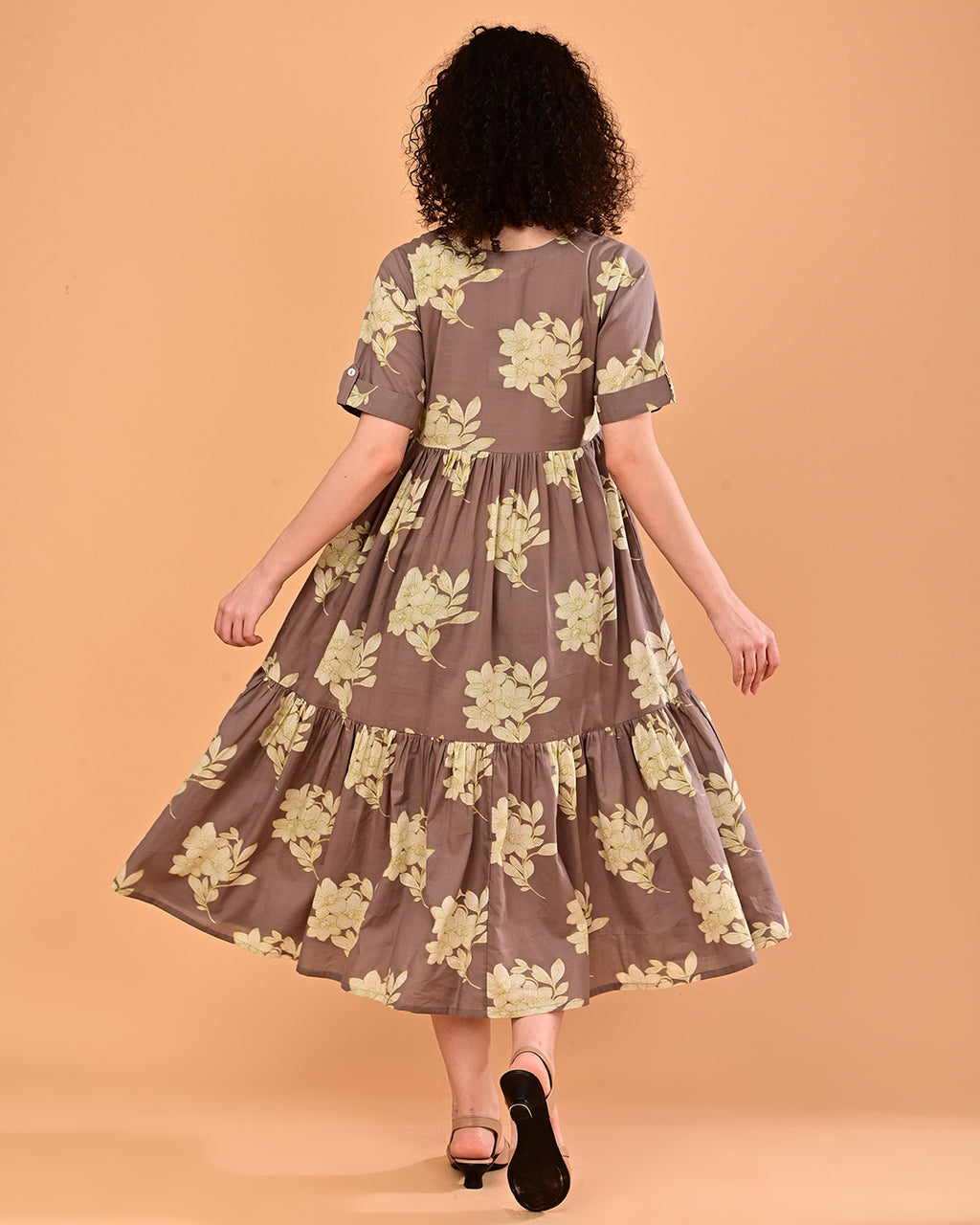 Taupe Floral Printed Tiered Midi Dress
