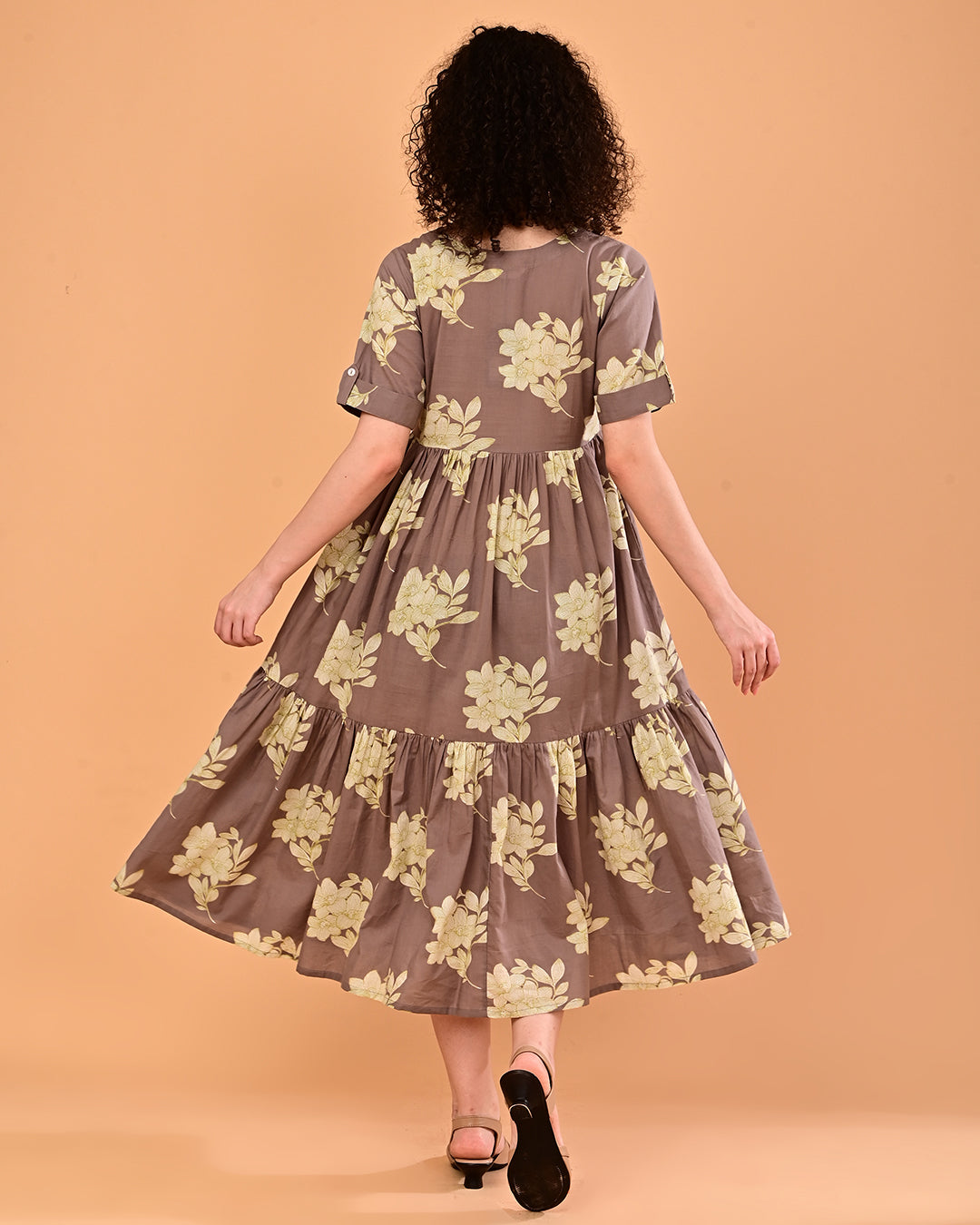 Taupe Floral Printed Tiered Midi Dress