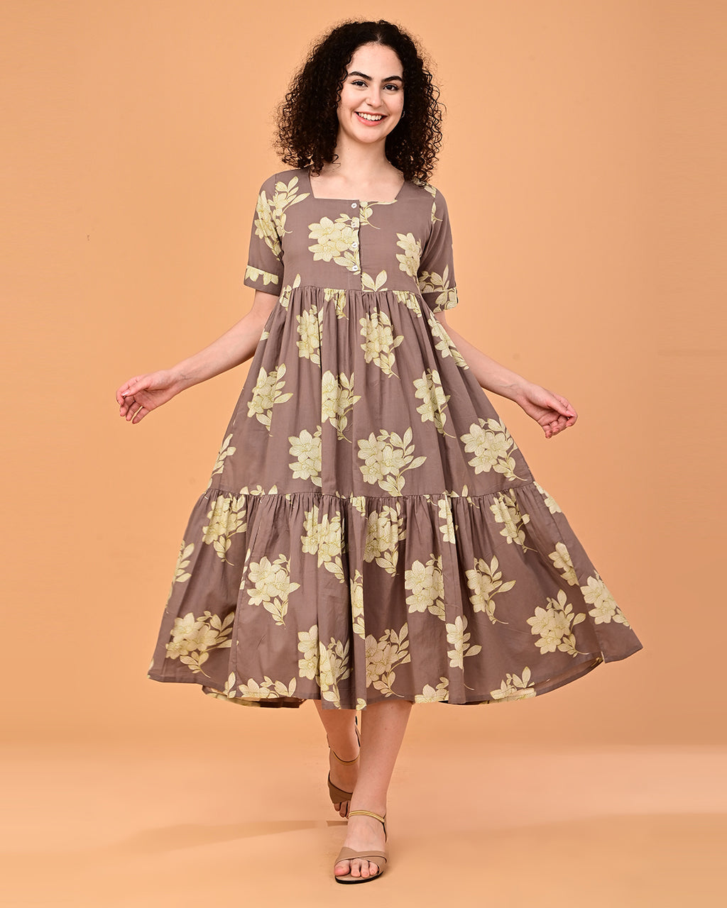 Taupe Floral Printed Tiered Midi Dress
