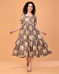 Taupe Floral Printed Tiered Midi Dress