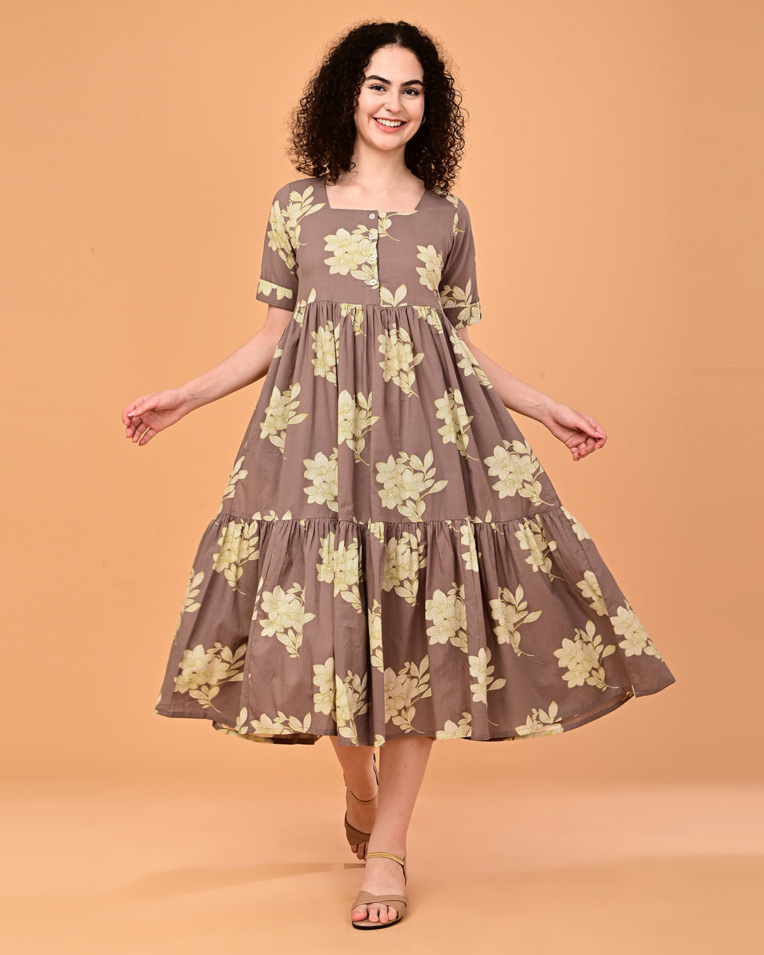Taupe Floral Printed Tiered Midi Dress