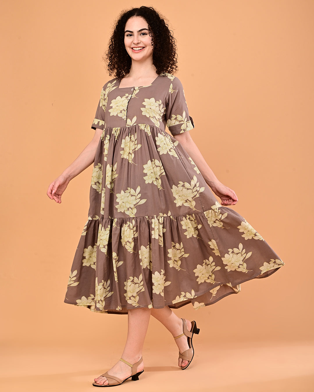 Taupe Floral Printed Tiered Midi Dress