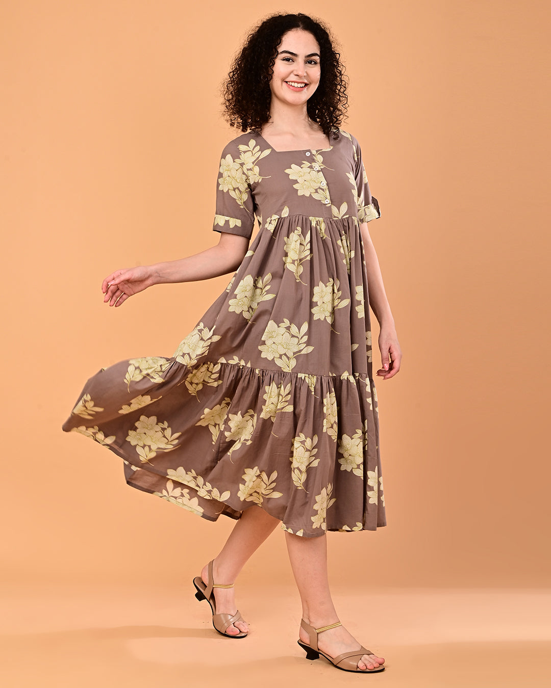 Taupe Floral Printed Tiered Midi Dress
