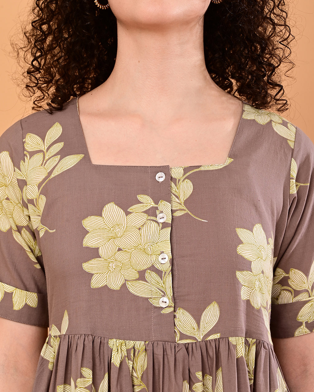 Taupe Floral Printed Tiered Midi Dress