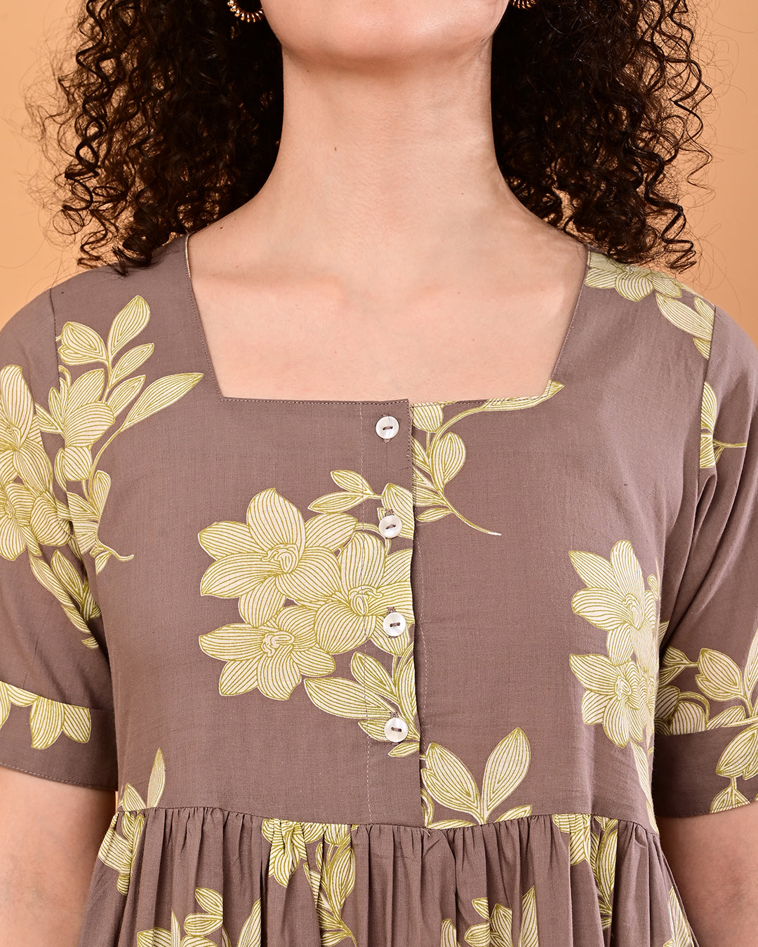Taupe Floral Printed Tiered Midi Dress
