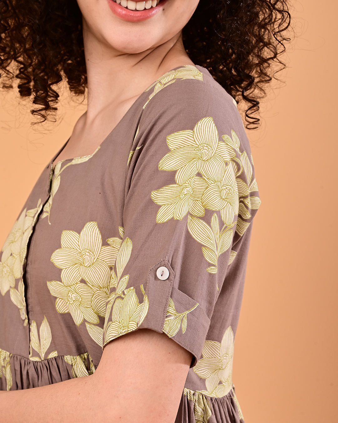 Taupe Floral Printed Tiered Midi Dress