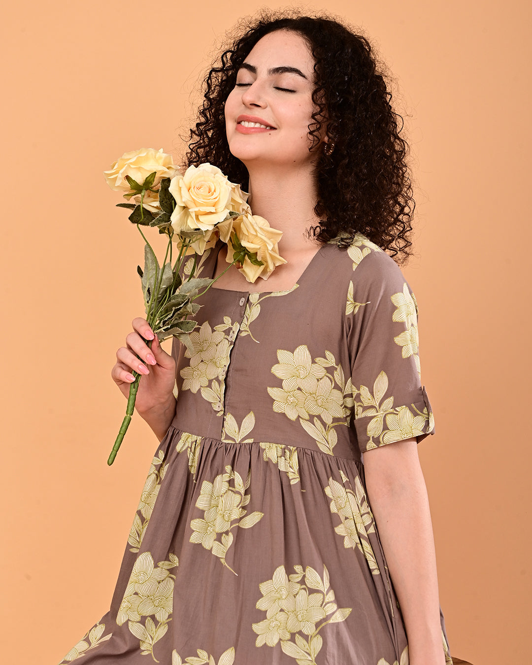 Taupe Floral Printed Tiered Midi Dress
