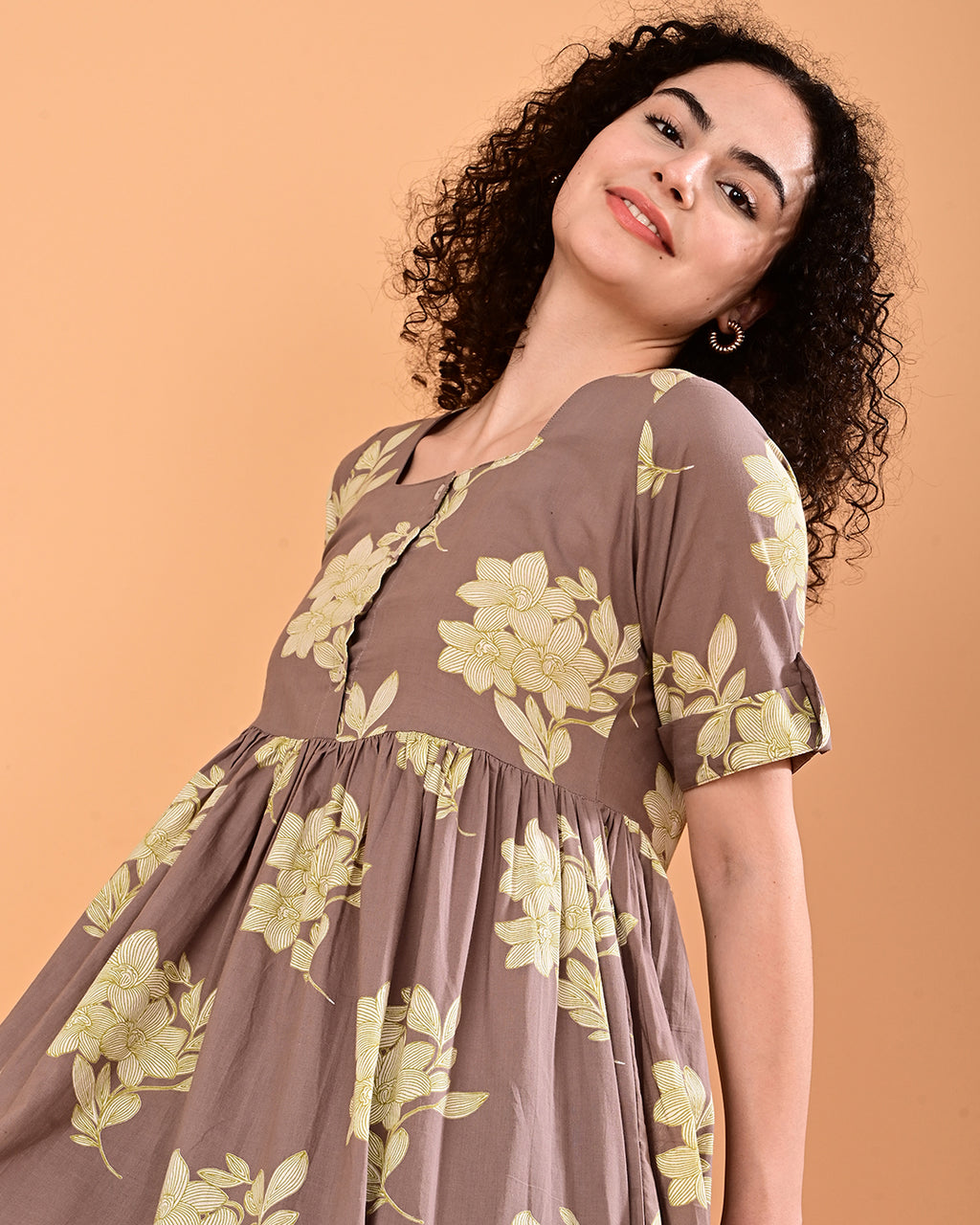 Taupe Floral Printed Tiered Midi Dress