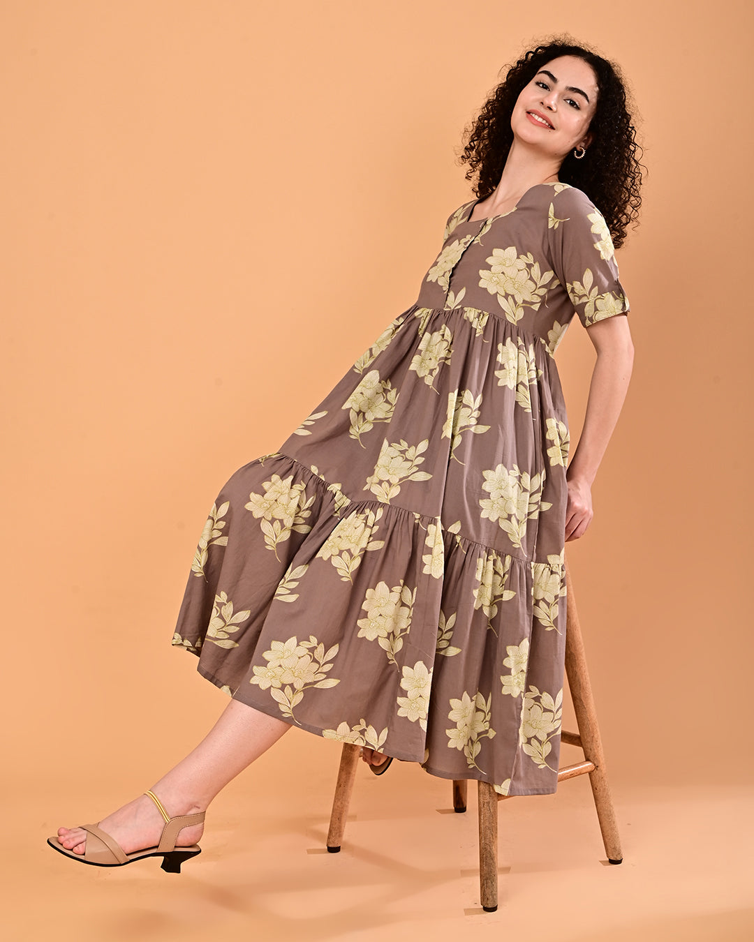 Taupe Floral Printed Tiered Midi Dress